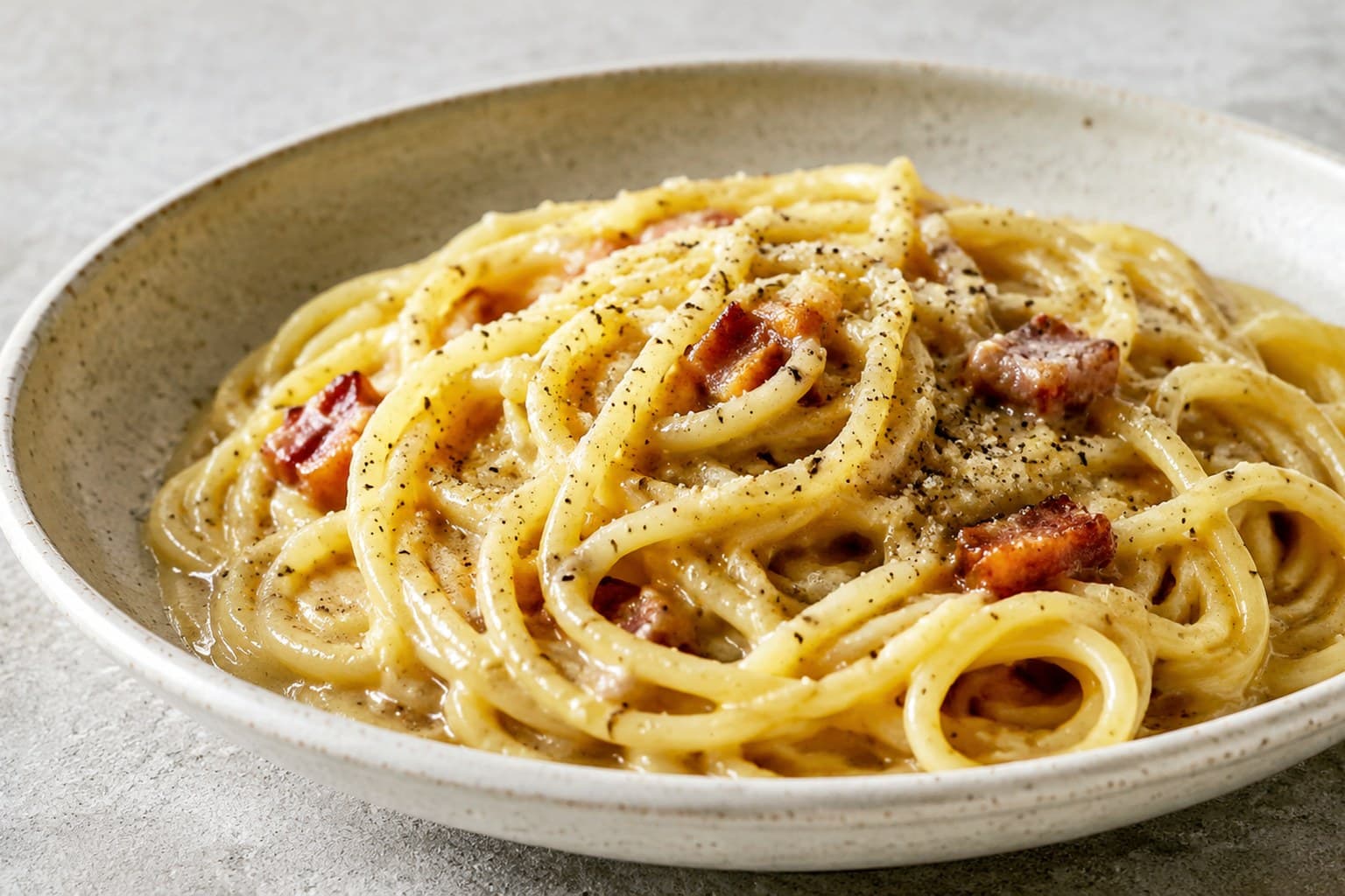 Pasta carbonara med gylden guanciale, sort peber og friskrevet pecorino i hvid skål