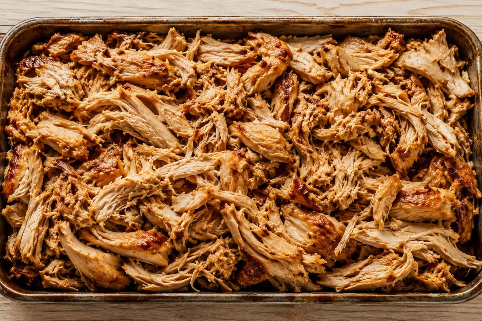 Saftig pulled chicken serveret på bordbuffet med brød og coleslaw