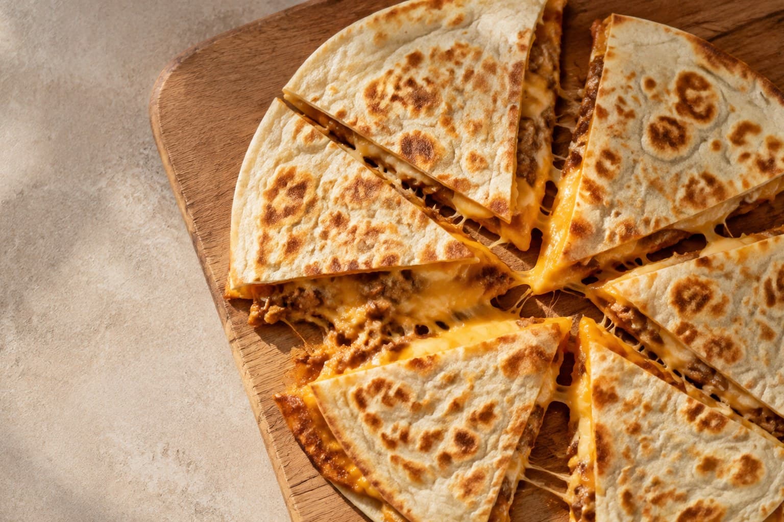 Sprødstegt quesadilla skåret i både med smeltet ost