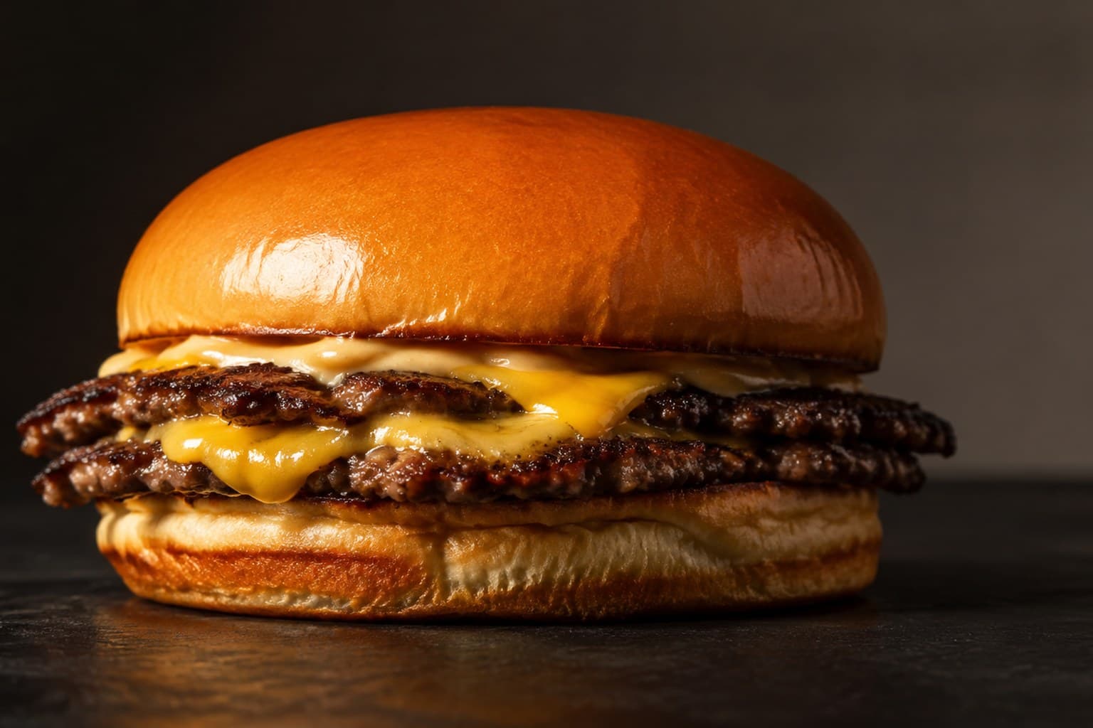Smash burger med smeltet ost, karamelliserede løg og sprøde kanter på briochebolle