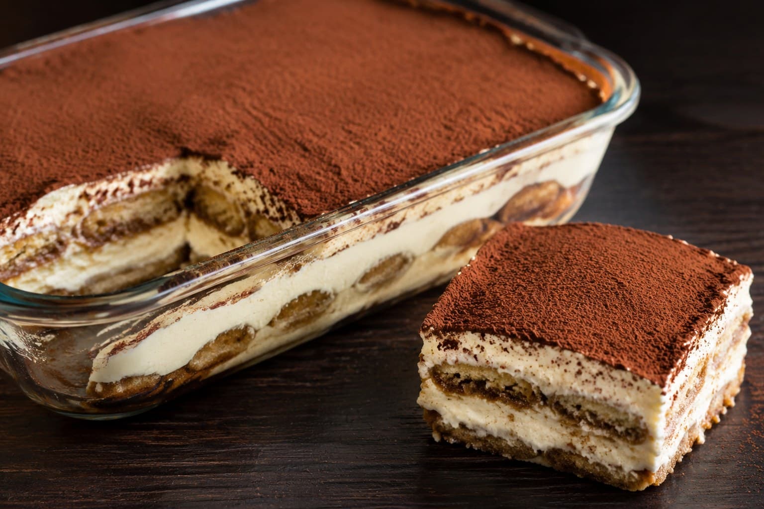 Klassisk tiramisu i glasfad med kakaopudret lag og synlig mascarpone-creme og ladyfingers