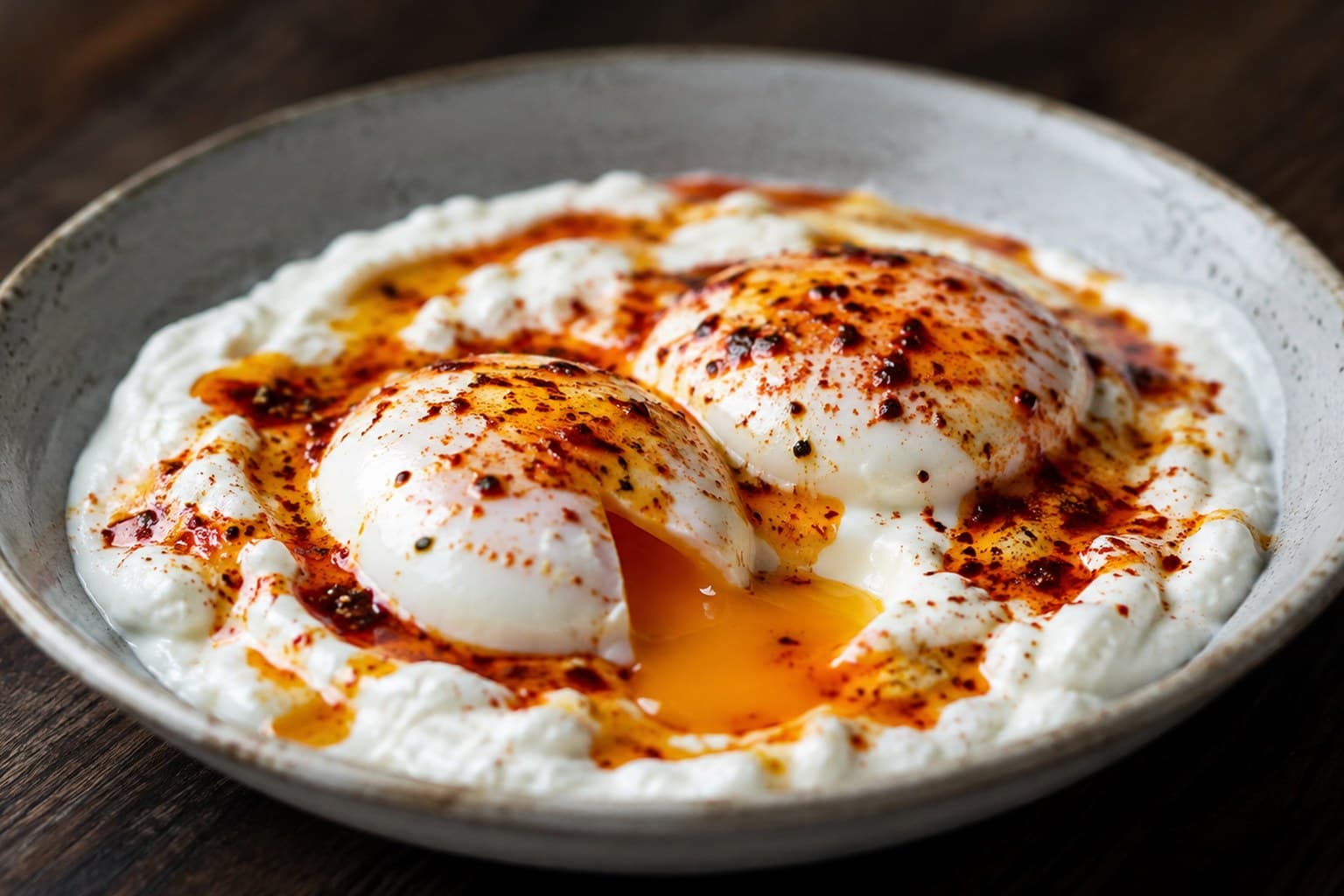 Tyrkiske æg med pocherede æg på hvid hvidløgsyoghurt og rødt chili-smør