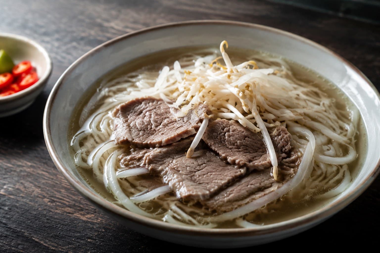 Dampende skål pho med klar krydret bouillon, risnudler, tynde skiver oksekød, forårsløg, koriander og limebåde