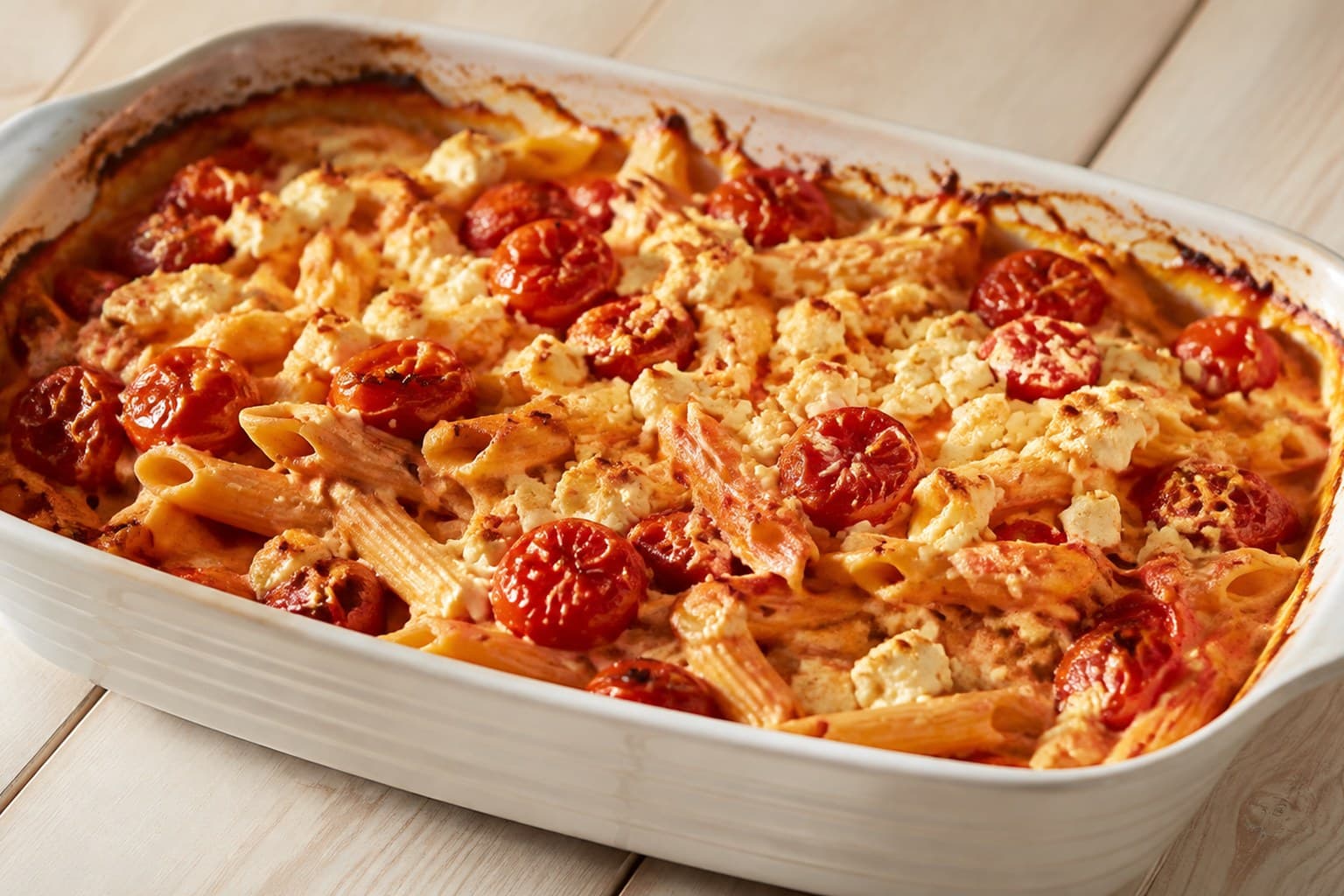 Bagt fetapasta med sprængte cherrytomater og frisk basilikum i ovnfast fad