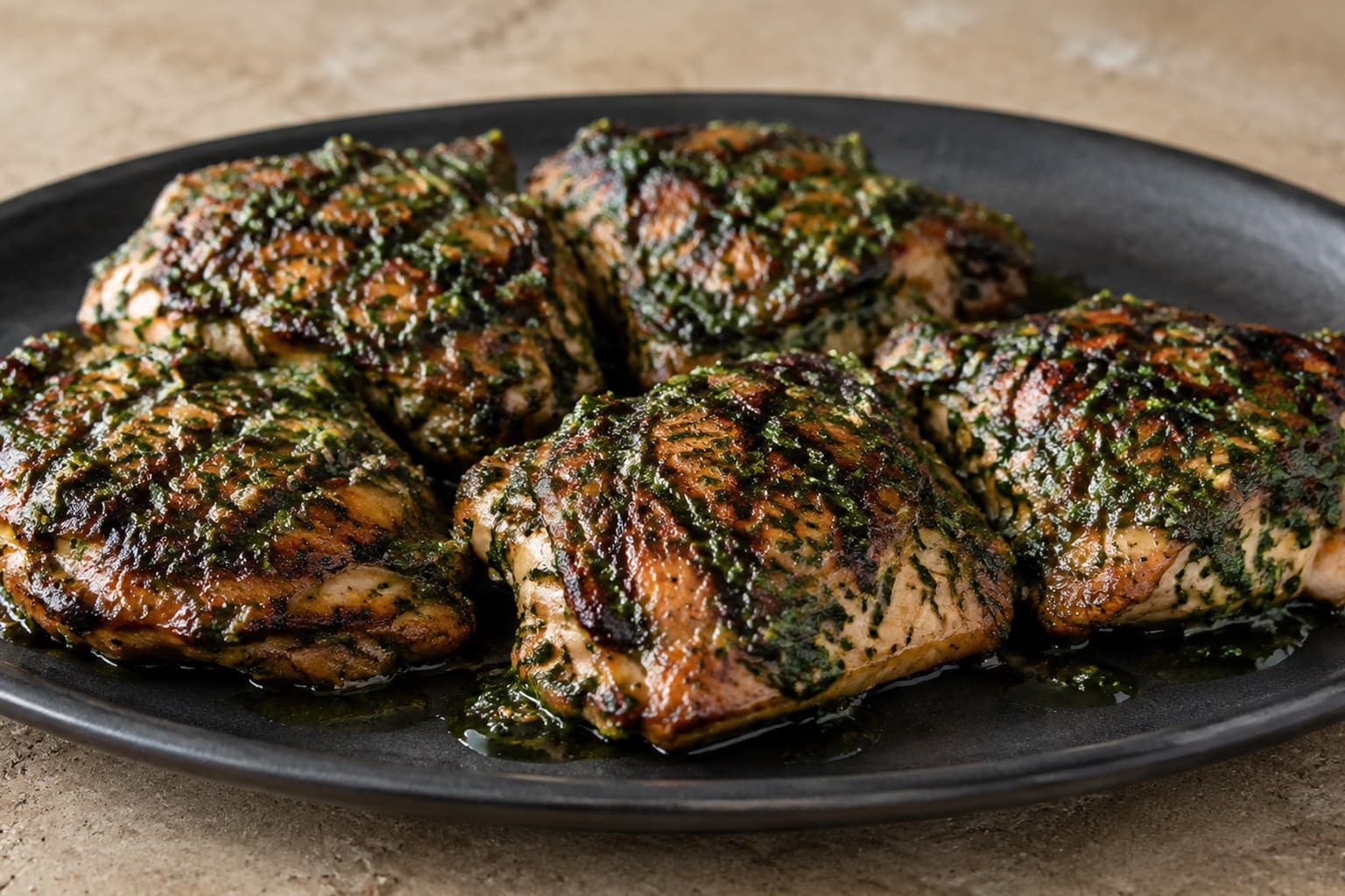 Grillede kyllingelår med frisk grøn chimichurri sauce på skærebræt