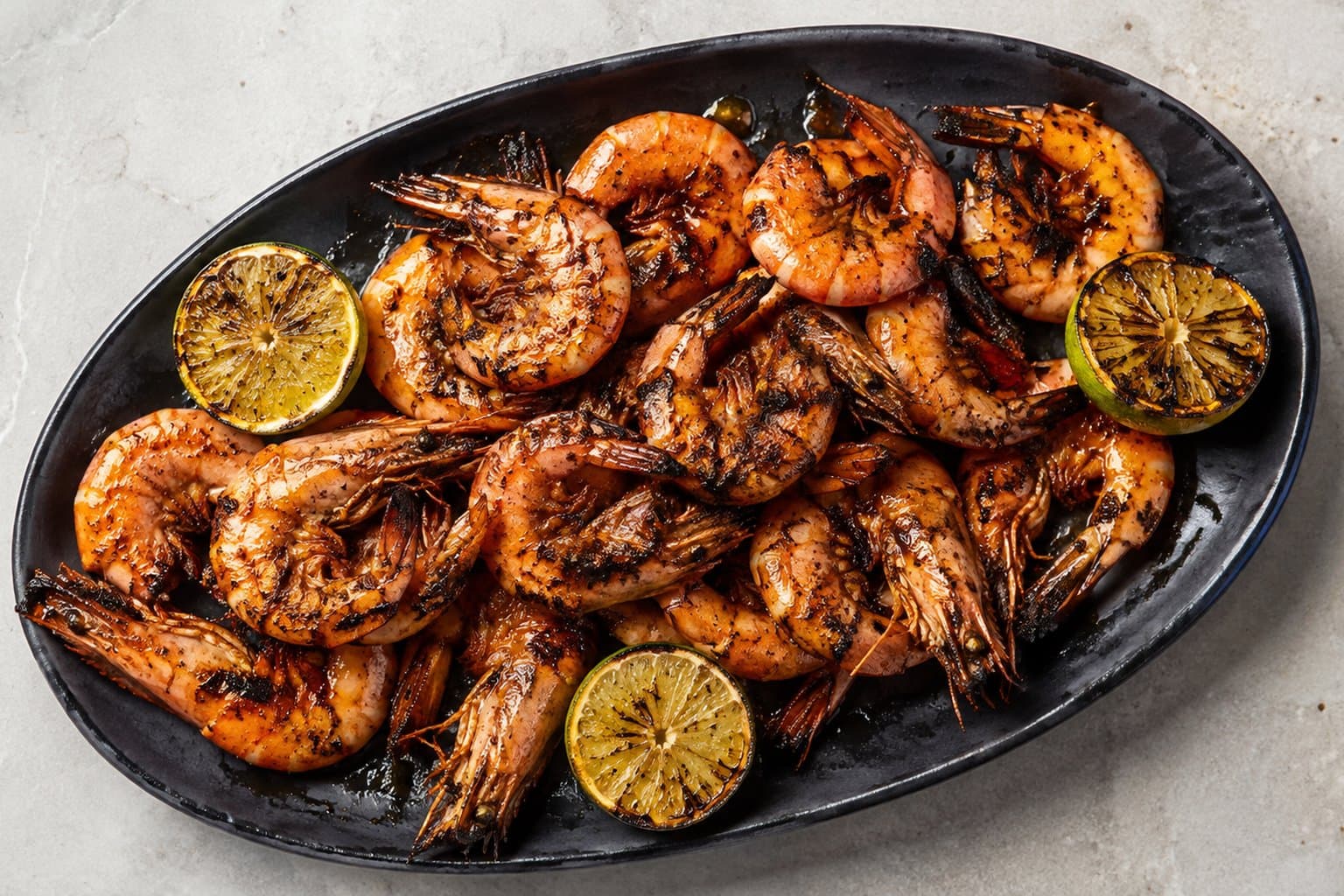 Grillede rejer med chipotle-limesmør og frisk koriander serveret i en sort skål
