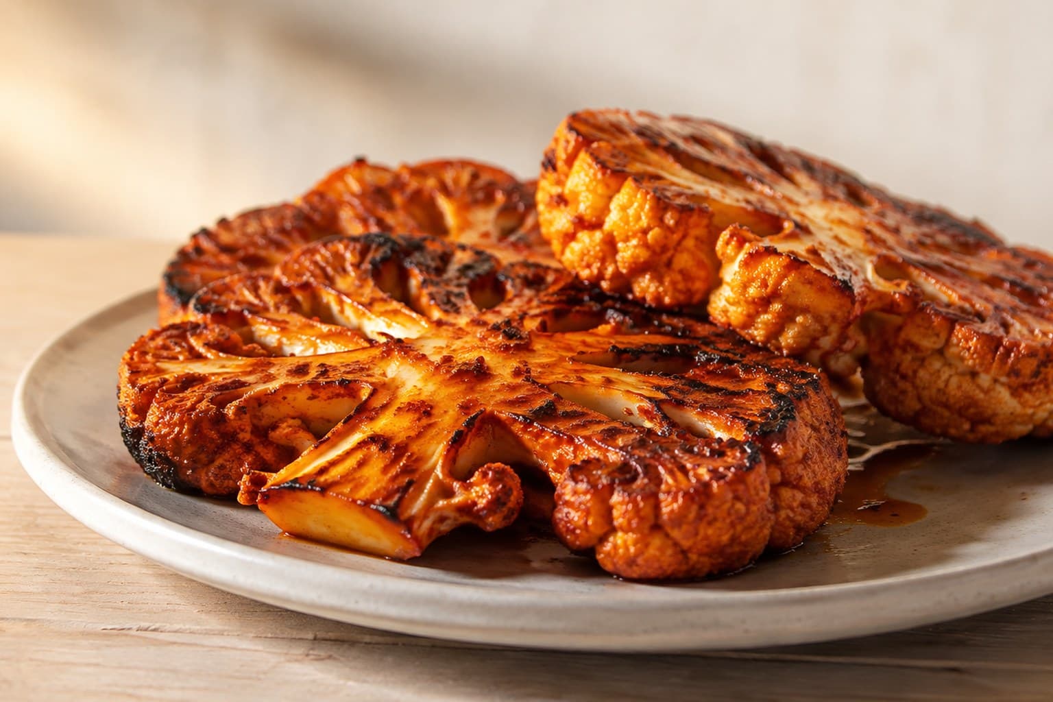 Grillet blomkålsbøf med rød harissamarinade og kold tahindressing på en sort tallerken