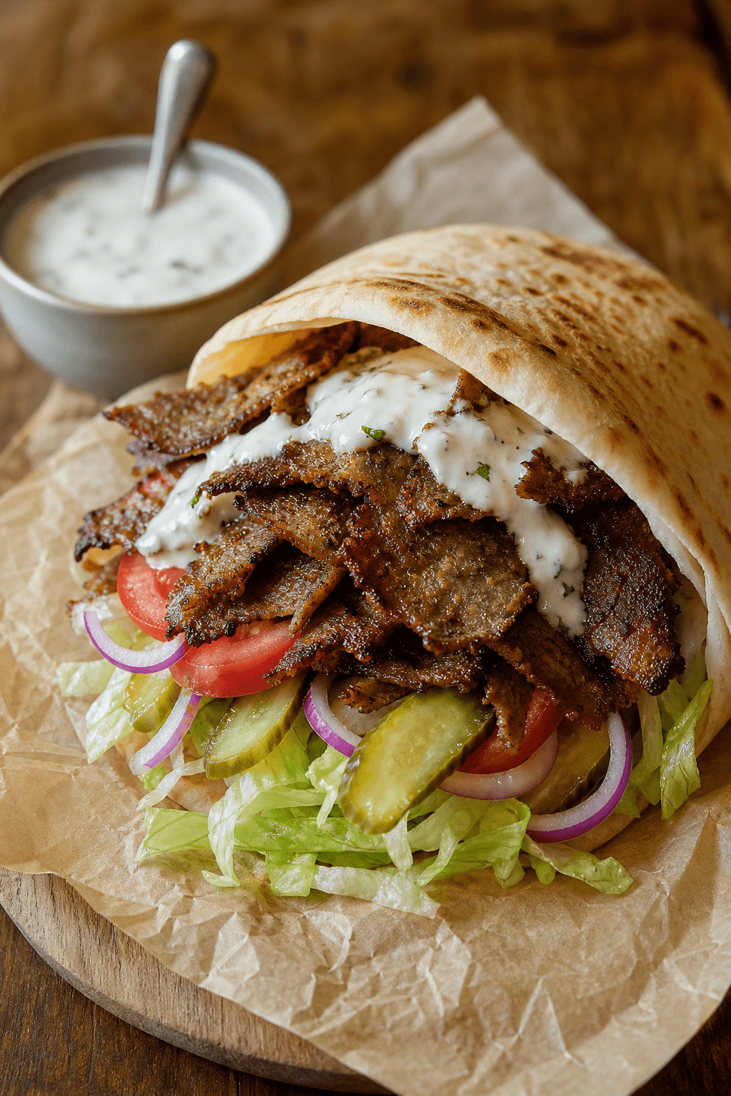 Hjemmelavet kebab i tortilla med sprød kål og dressing
