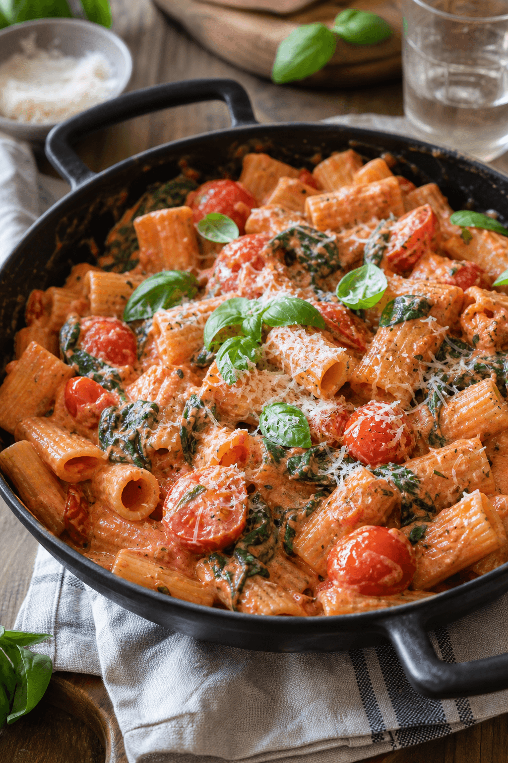 Cremet one-pot tomatpasta med spinat og parmesan