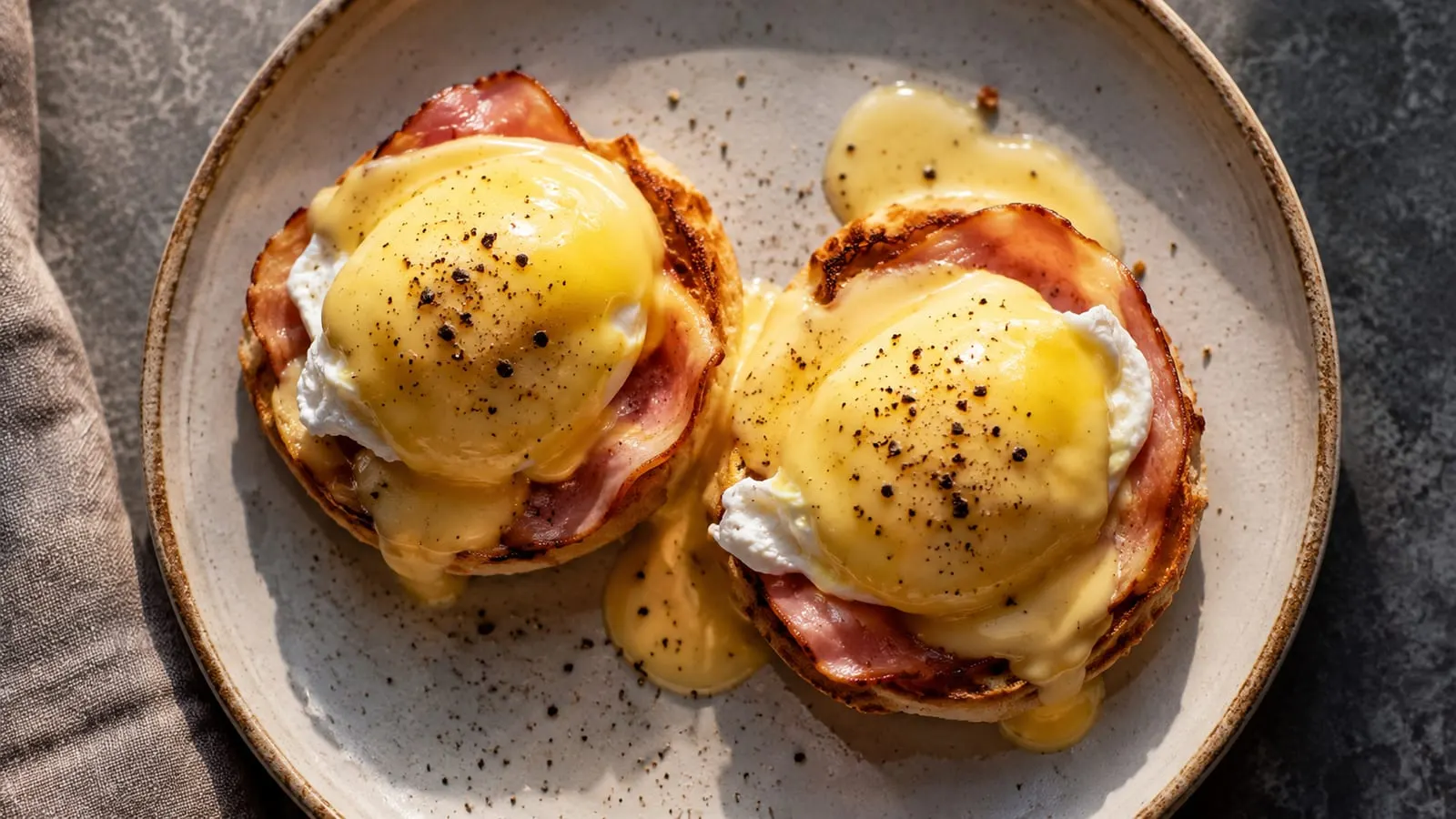 Æg benedict med pocherede æg, skinke og hollandaise på engelske muffins