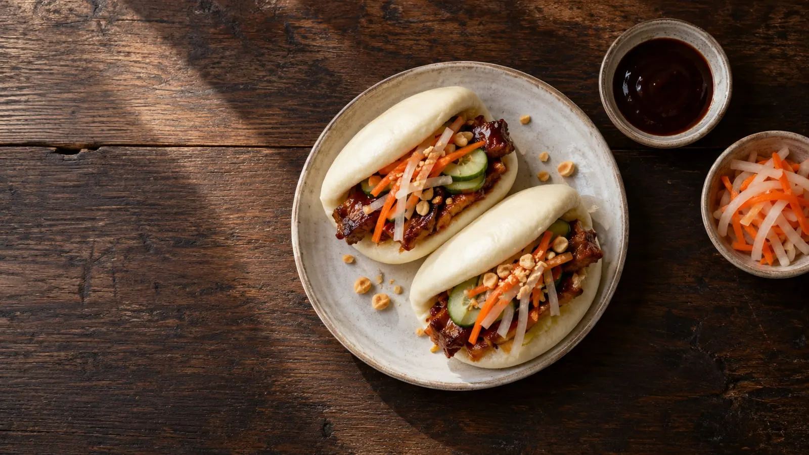 To bao buns med sprød kylling, gulerod og koriander, serveret med dip