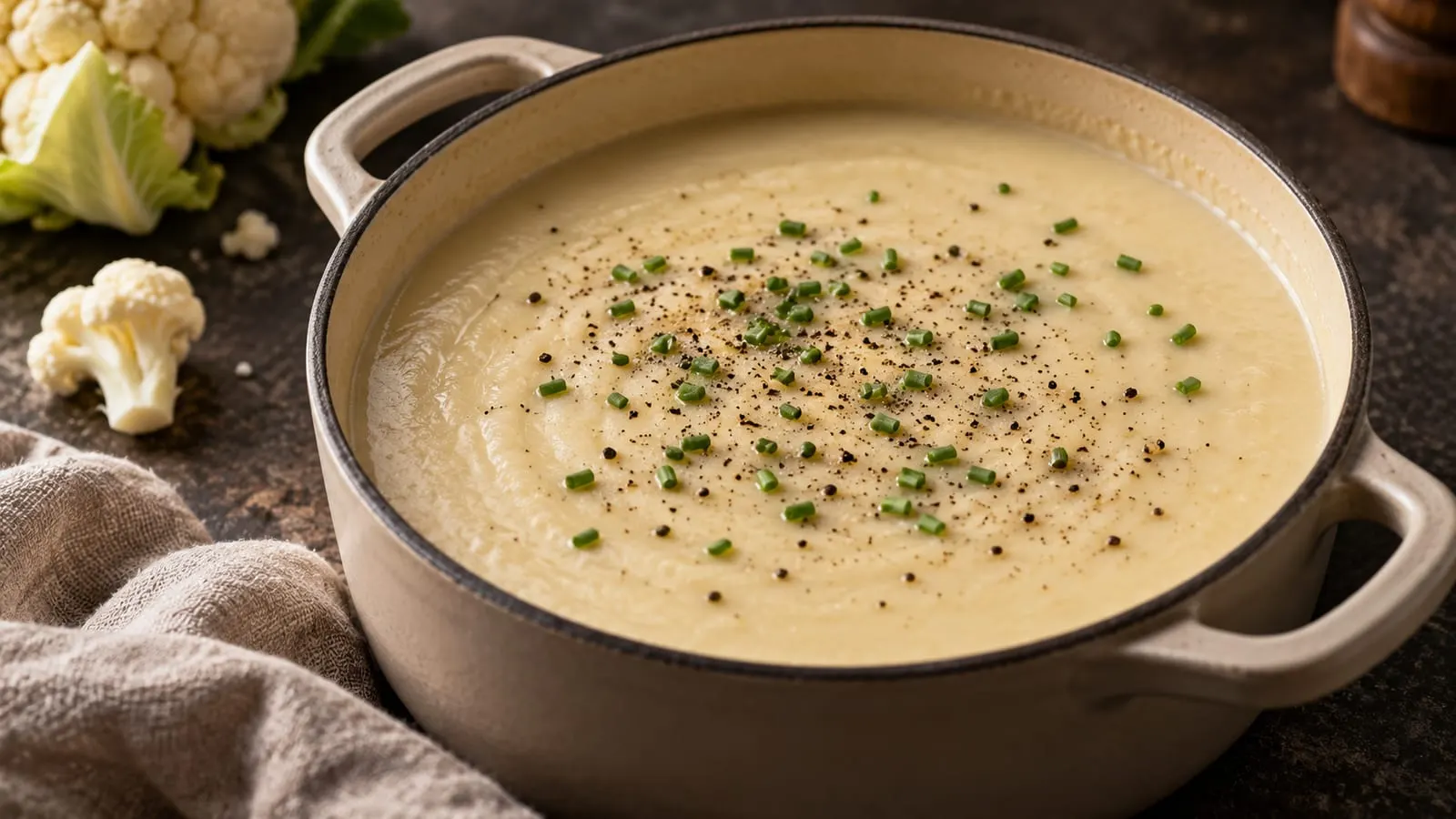 Gryde med cremet blomkålssuppe drysset med purløg
