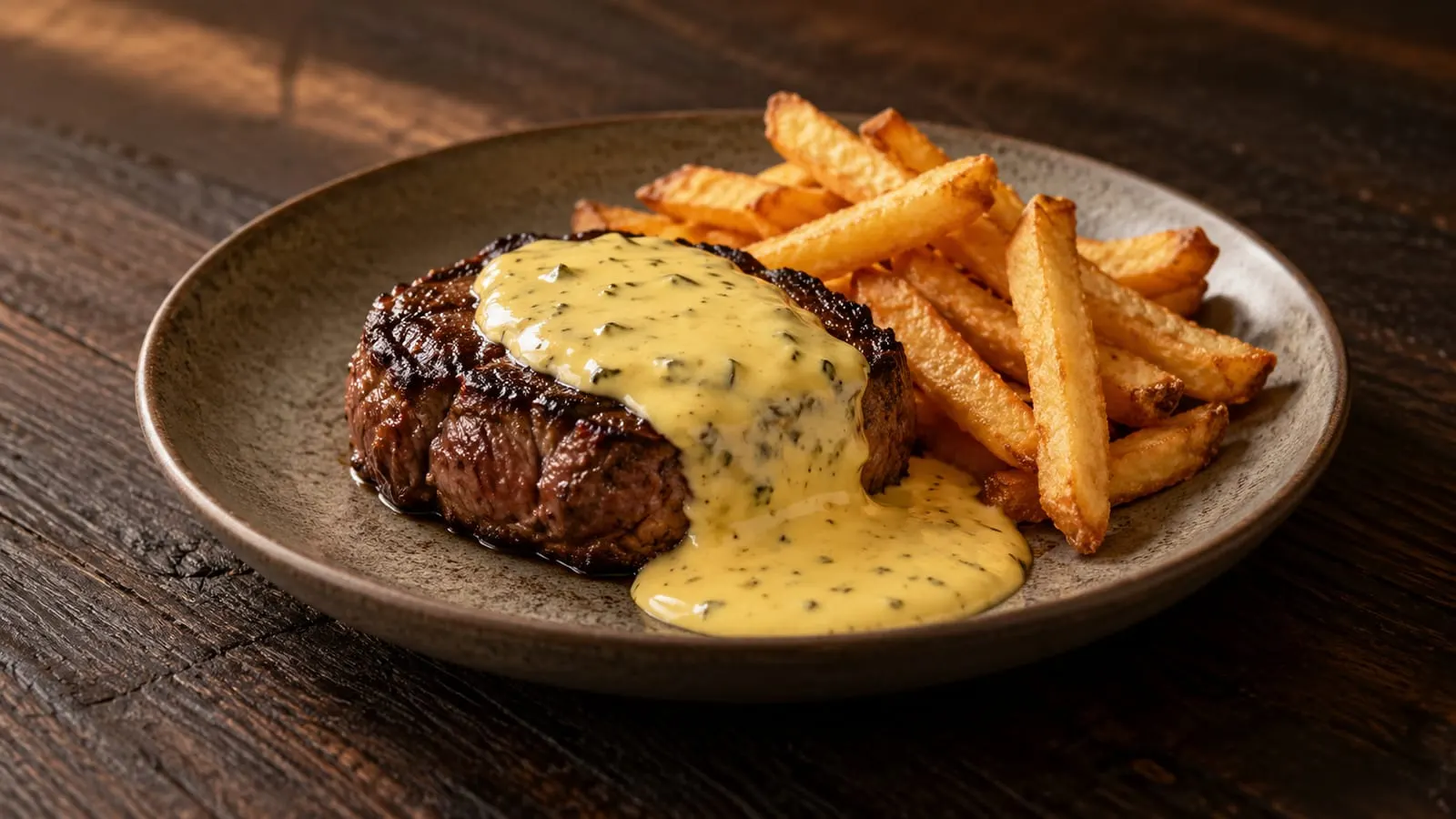 Stegt bøf med bearnaisesauce og pommes frites på en tallerken