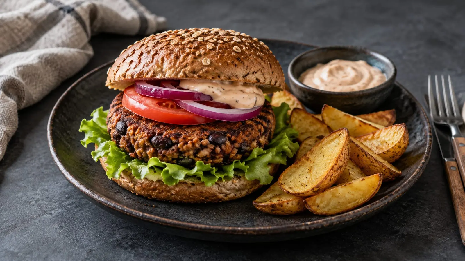 Bønneburger i grov bolle med salat, tomat og rødløg, serveret med kartoffelbåde og dip