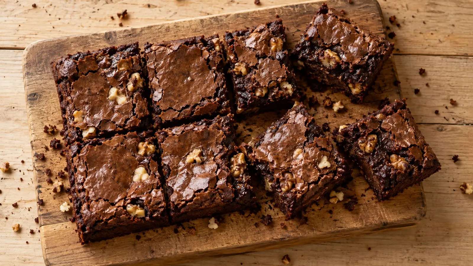 Brownies skåret i firkanter på et træbræt