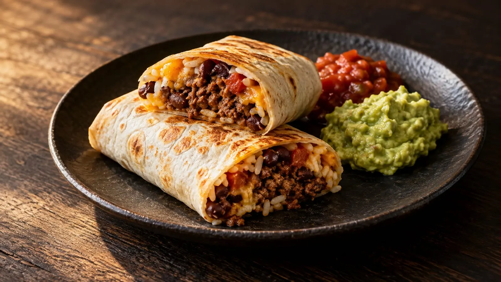 Halveret burrito med oksekød og ris, serveret med guacamole og salsa