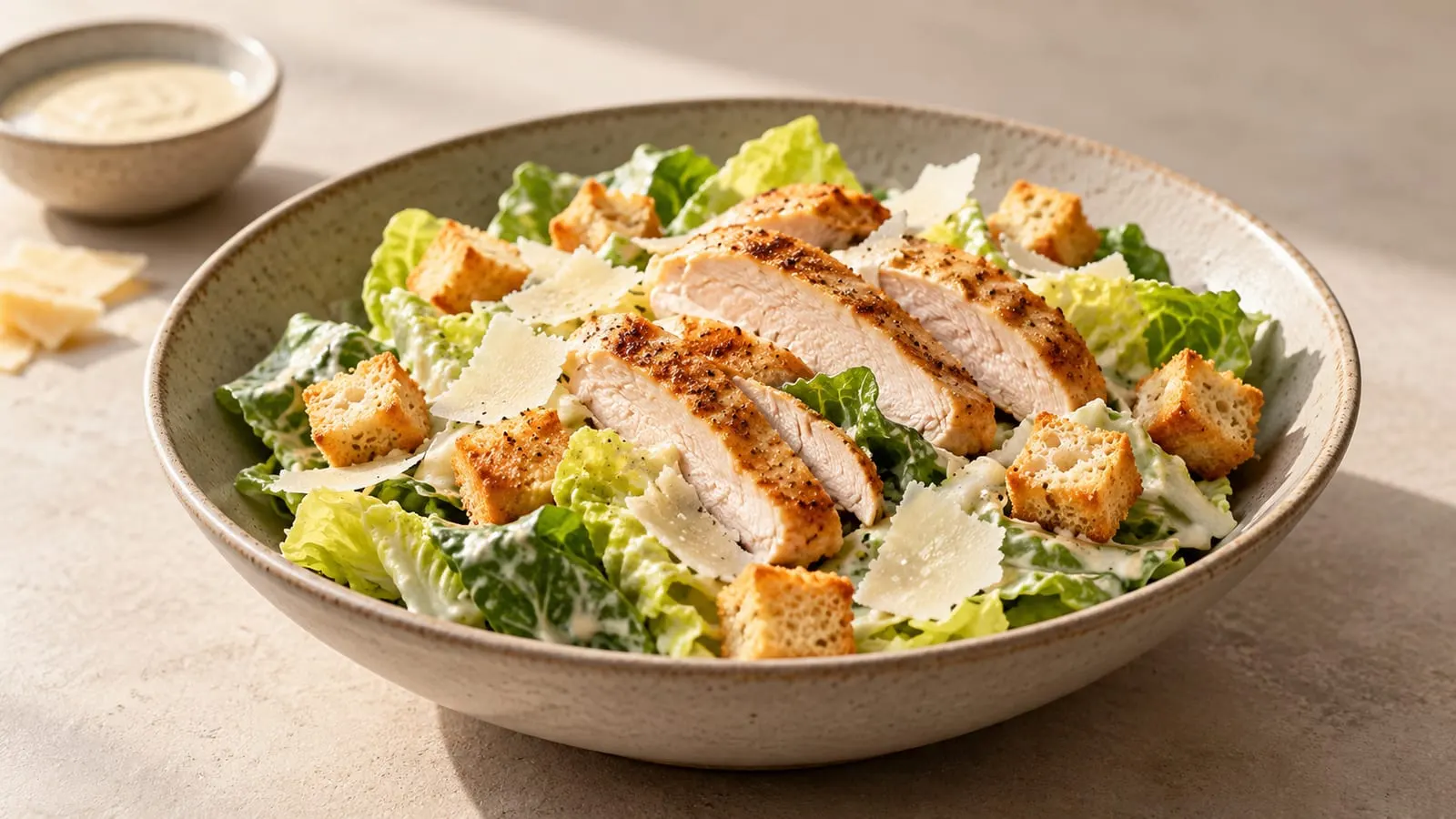 Skål med cæsarsalat, skiver af stegt kylling, croutoner og parmesan