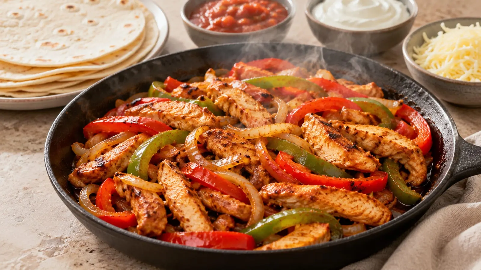 Pande med stegt kylling, peberfrugter og løg ved siden af tortillas og tilbehør