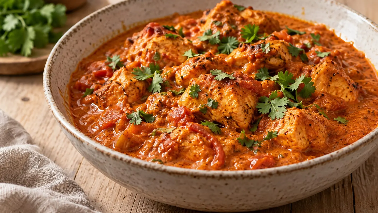 Skål med chicken tikka masala i cremet orange sauce, toppet med koriander
