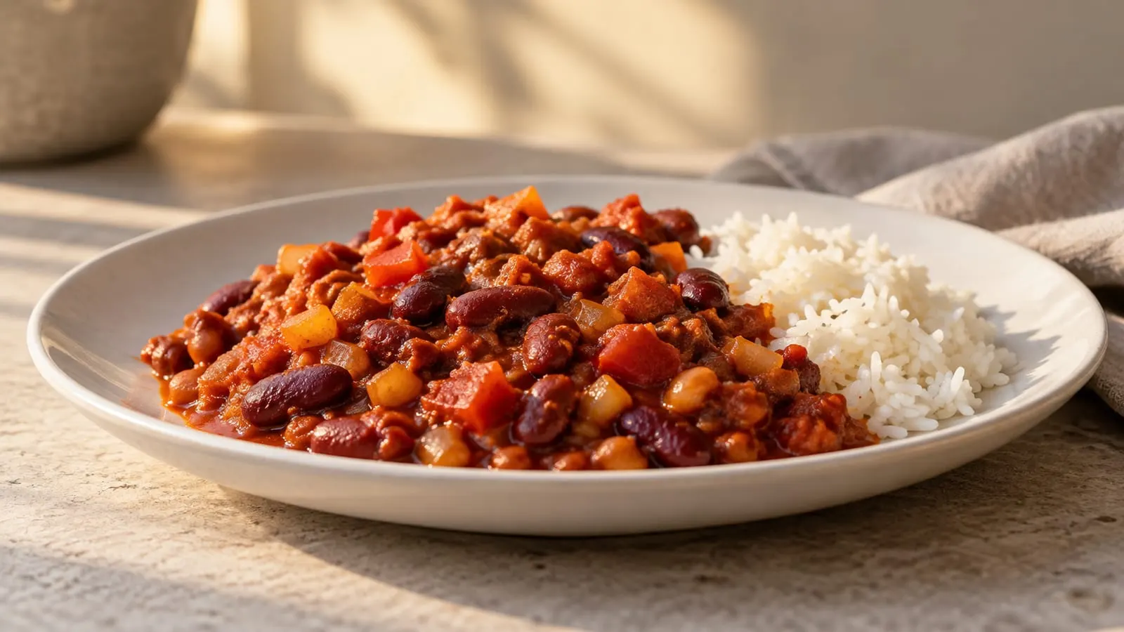 Tallerken med chili sin carne med bønner og ris