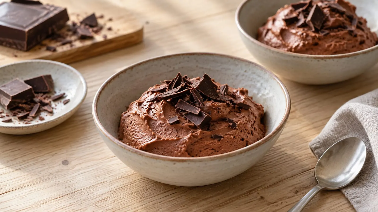 Skål med chokolademousse toppet med chokoladespåner