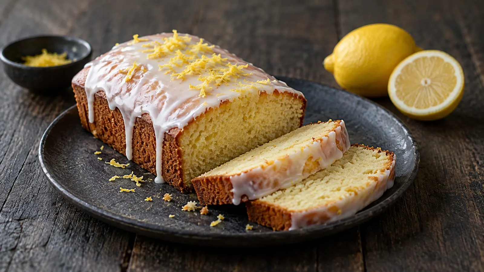 Skåret citronkage med hvid glasur og citronskal på en tallerken