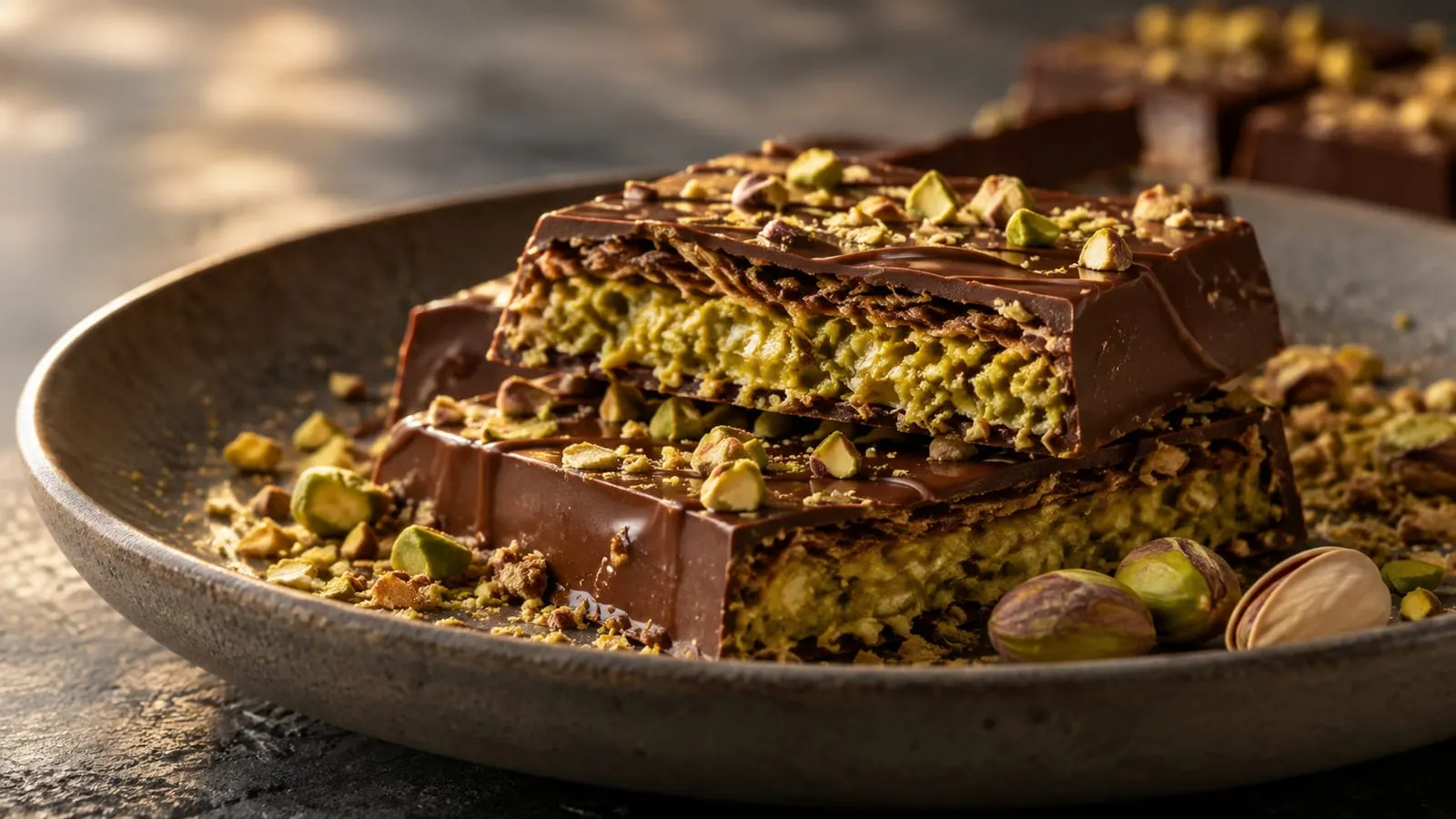 Brudt Dubai-chokolade med grønt pistaciefyld og hakkede pistacienødder