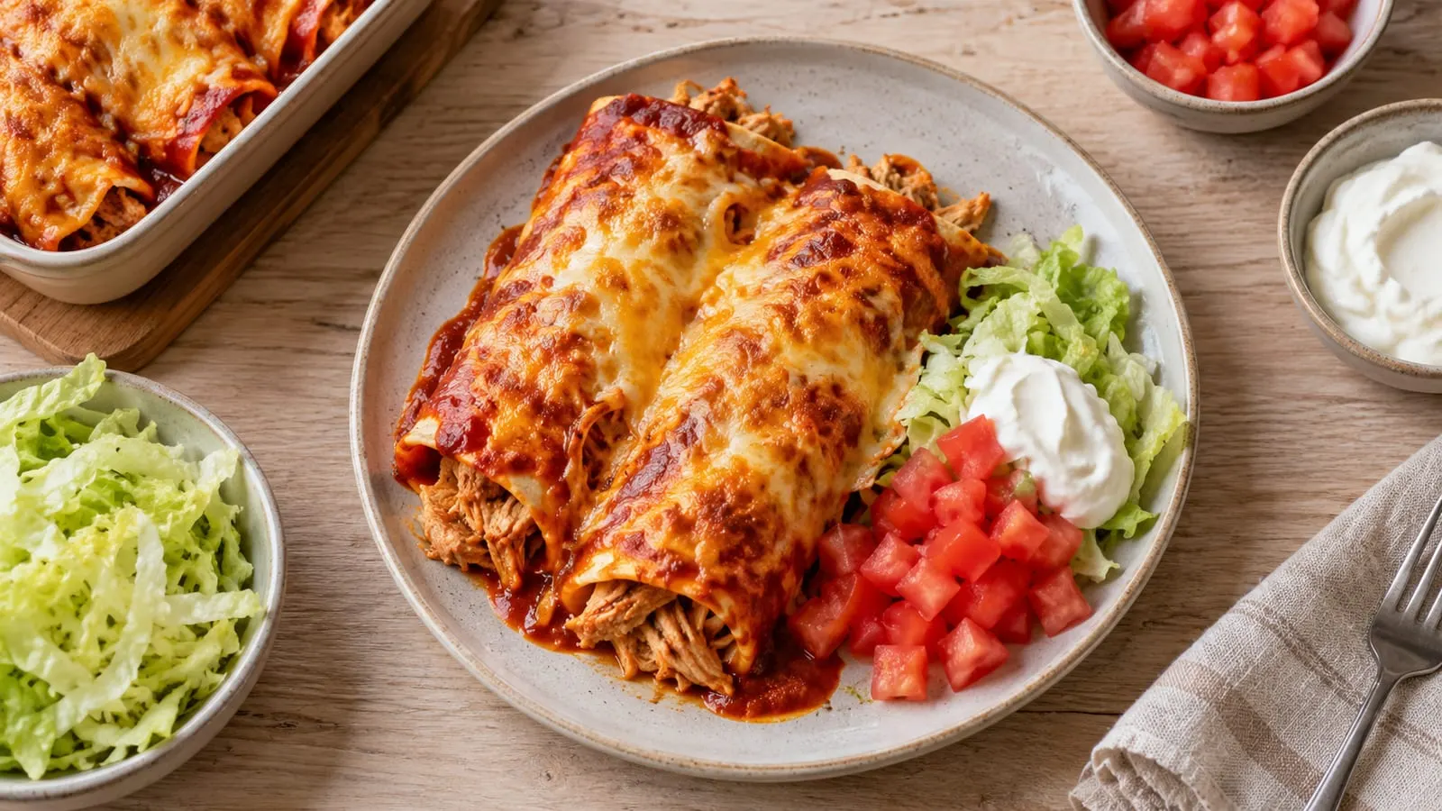 Tallerken med ovnbagte enchiladas med smeltet ost, salat, tomat og creme fraiche