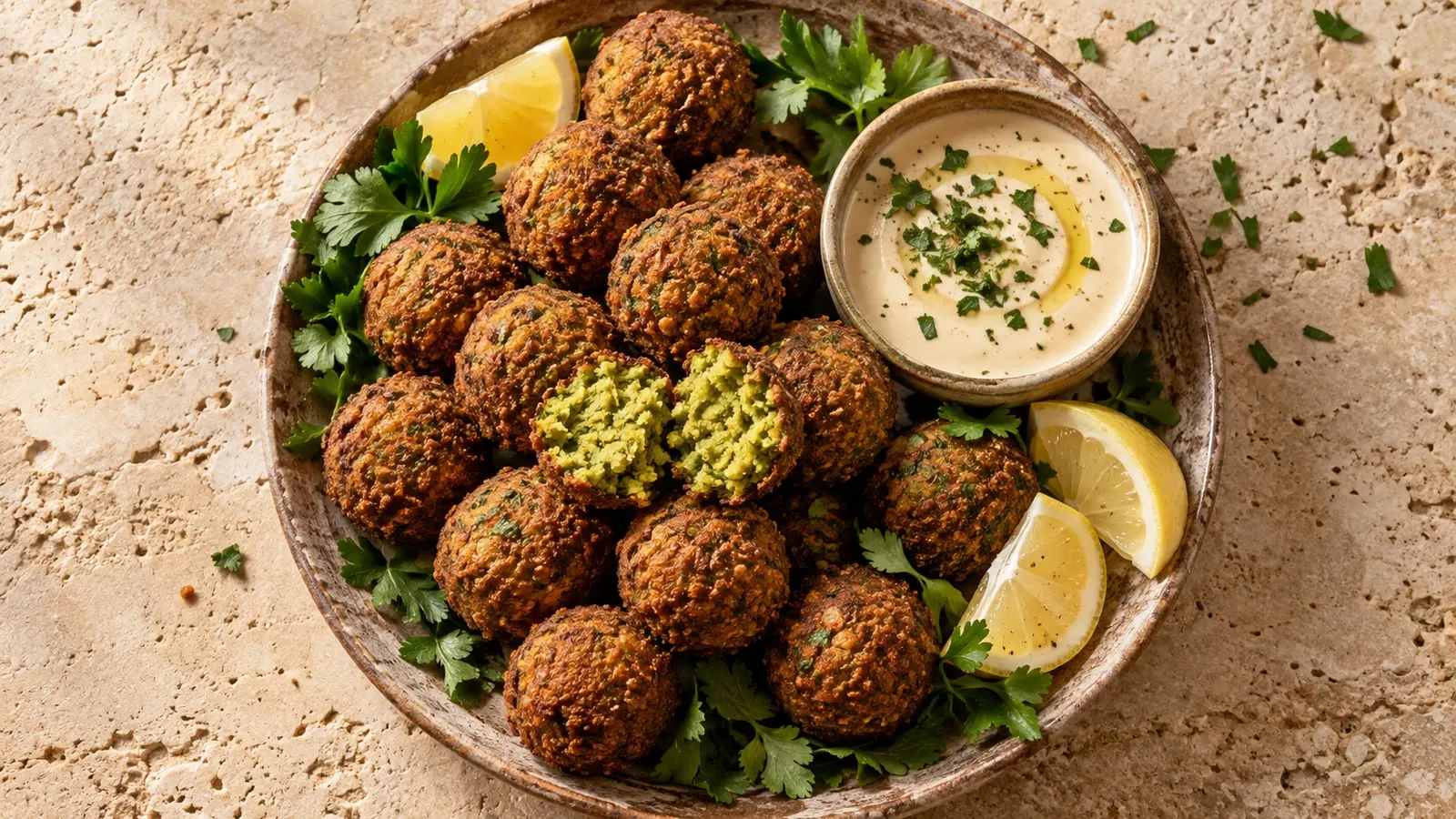 Fad med gyldne falafler, tahinisauce, citron og persille