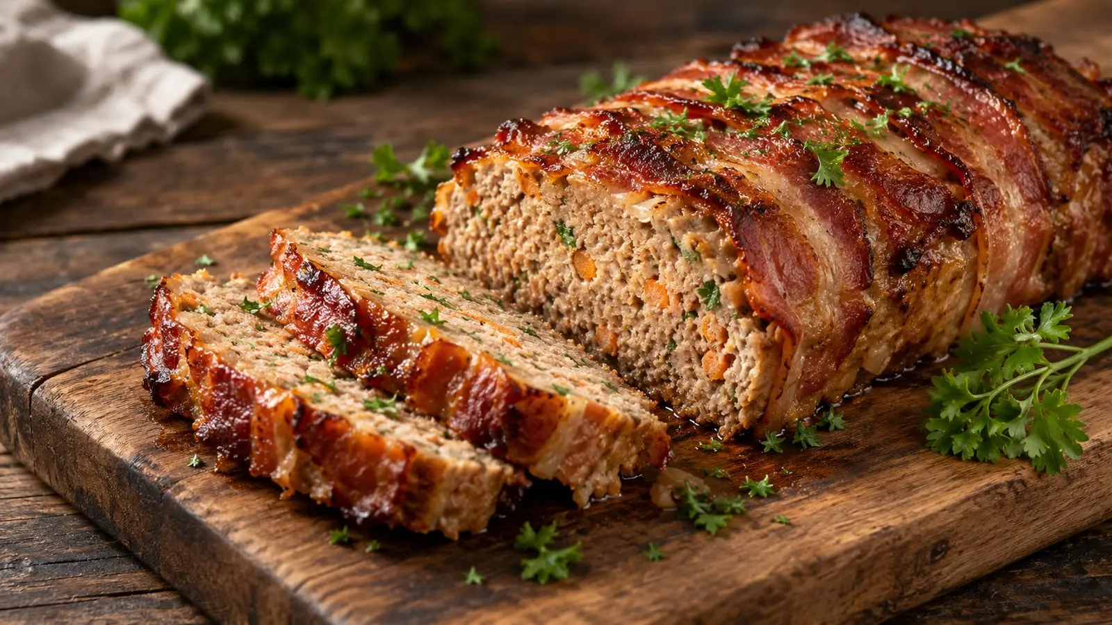Farsbrød svøbt i bacon, skåret i skiver på et træbræt