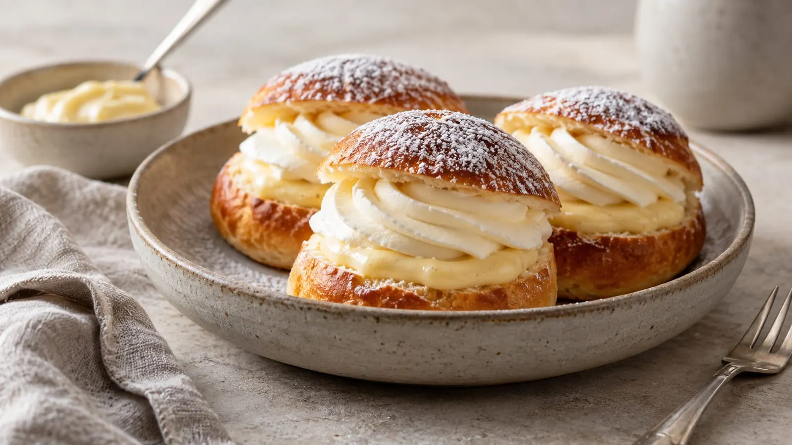 Fastelavnsboller med flødeskum og flormelis på en tallerken