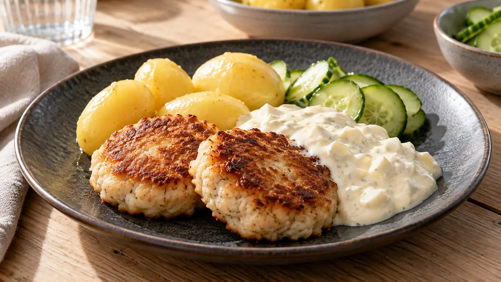 Stegte fiskefrikadeller med remoulade, kogte kartofler og agurkesalat