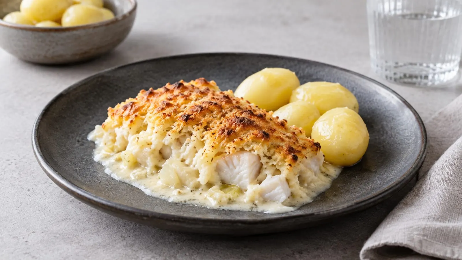 Gylden fiskegratin med kogte kartofler på en tallerken