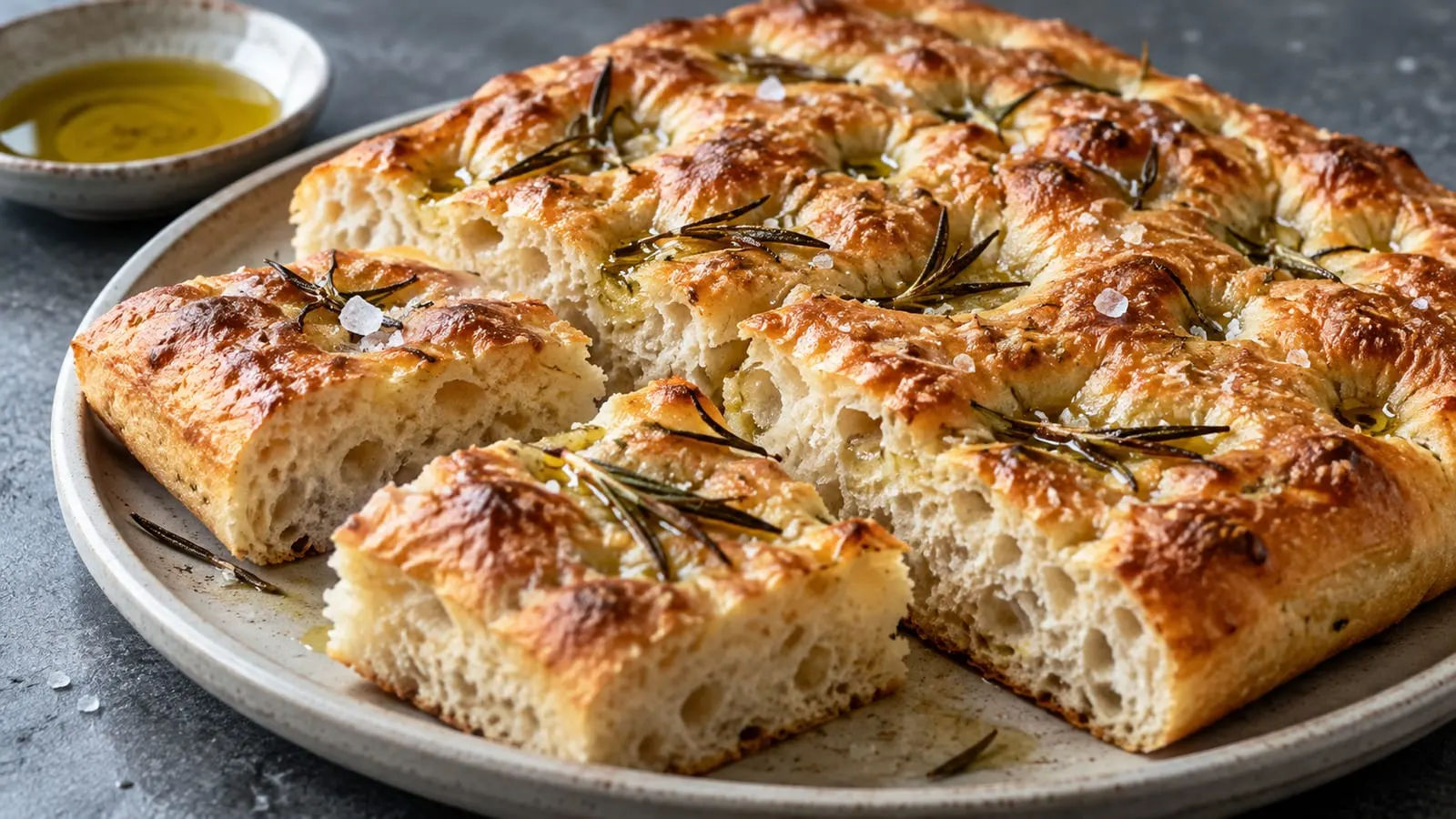 Gylden focaccia med rosmarin og havsalt, skåret i stykker