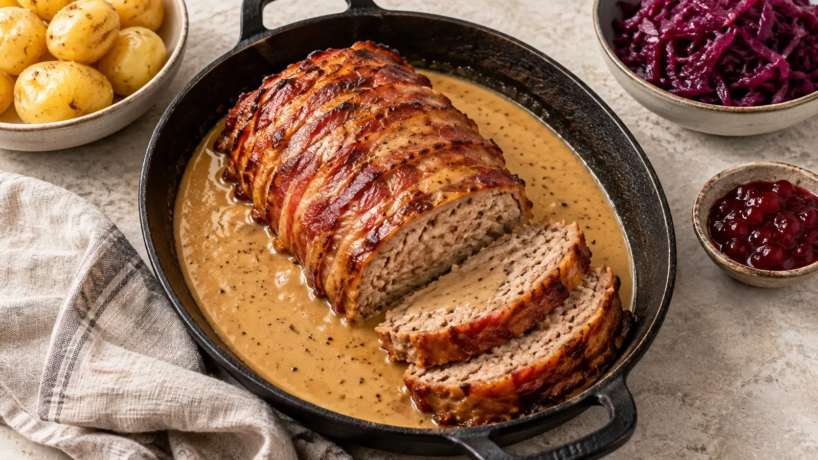 Forloren hare med bacon i flødesovs, skåret i skiver, med kartofler og ribsgelé