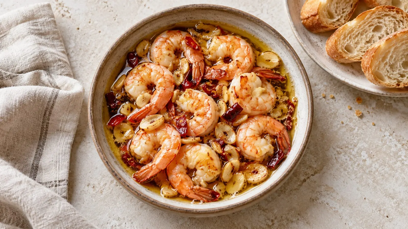 Skål med rejer i hvidløgsolie med chili og brød ved siden af
