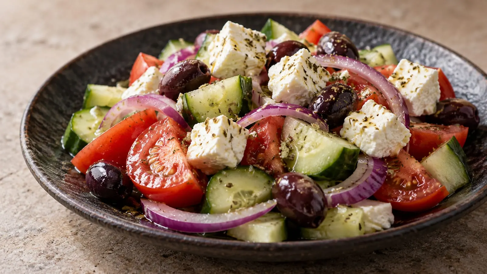 Græsk salat med tomat, agurk, rødløg, oliven og feta