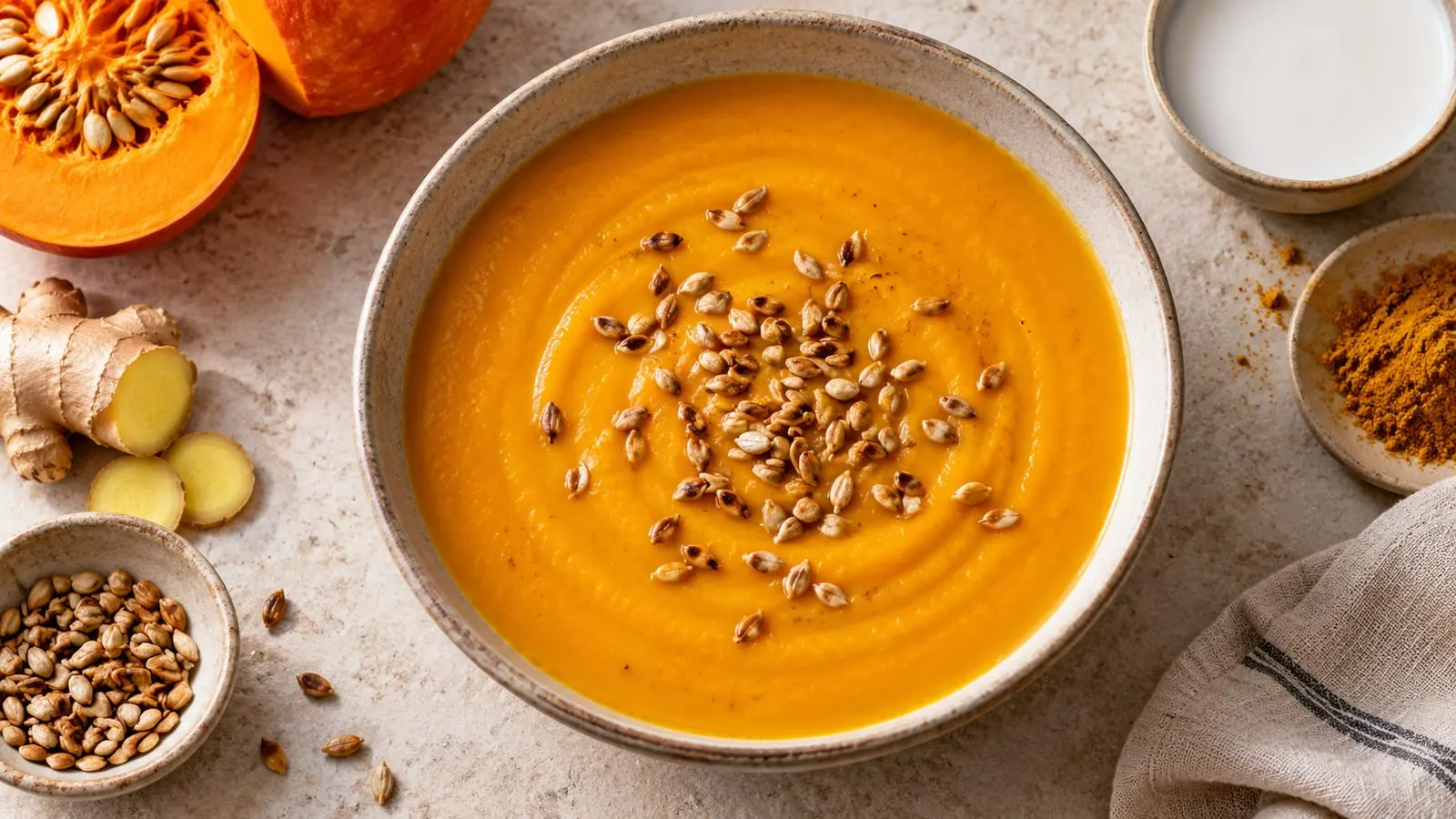 Skål med cremet orange græskarsuppe toppet med ristede kerner