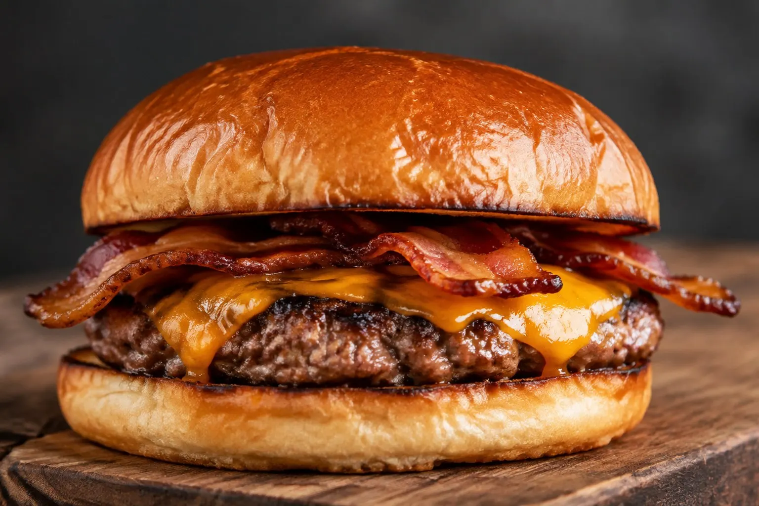 Grillet burger med smeltet cheddar, bacon, tomat og rødløg i en burgerbolle