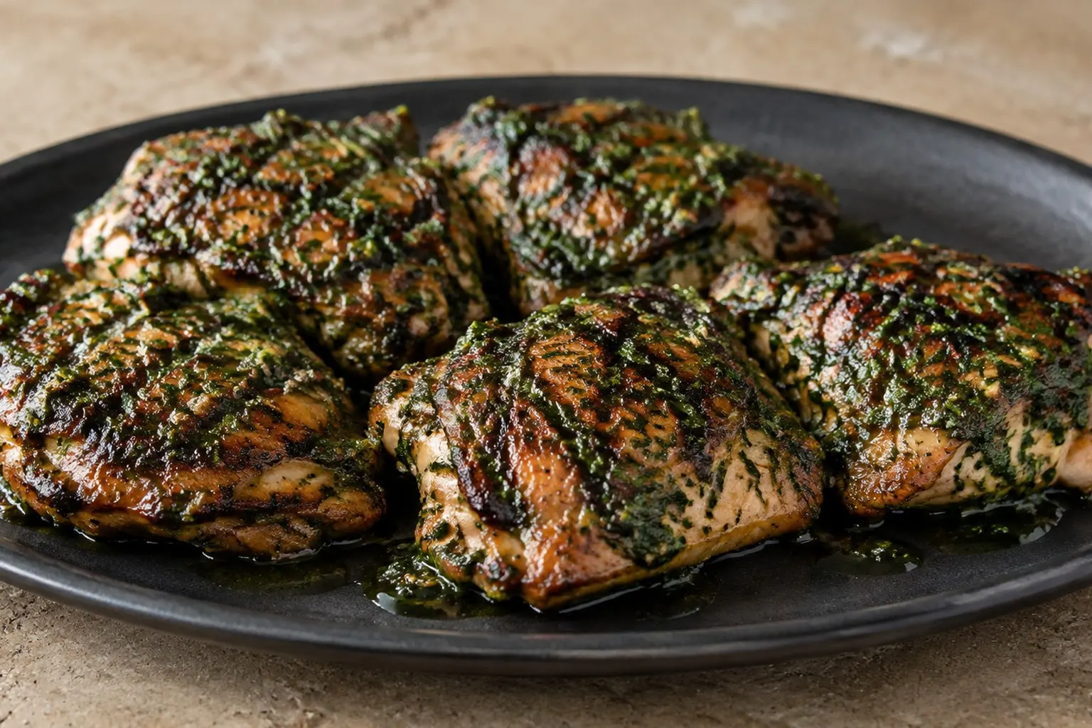 Grillede kyllingelår med frisk grøn chimichurri sauce på skærebræt
