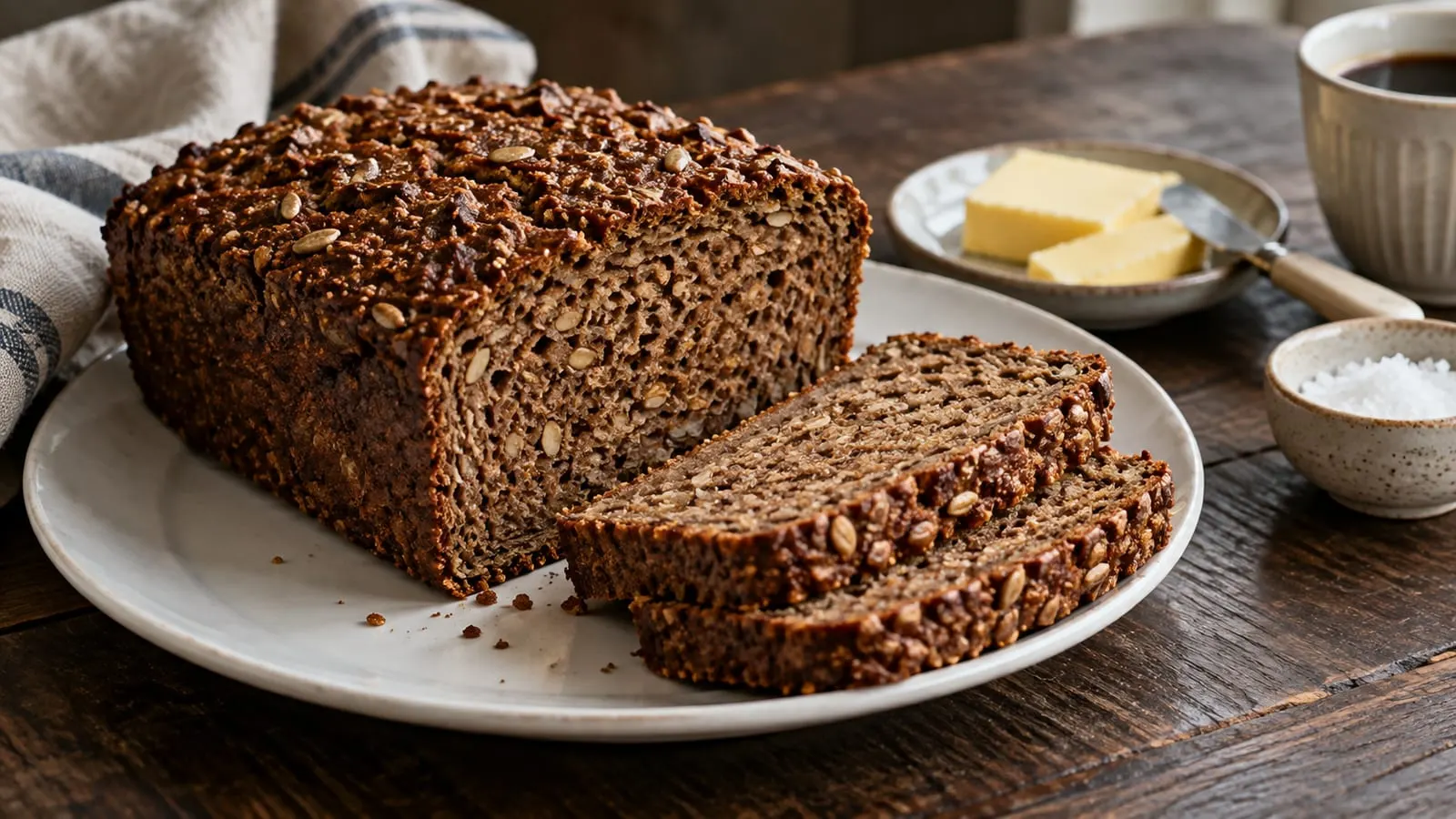 Hjemmebagt rugbrød med kerner, skåret i skiver, med smør ved siden af
