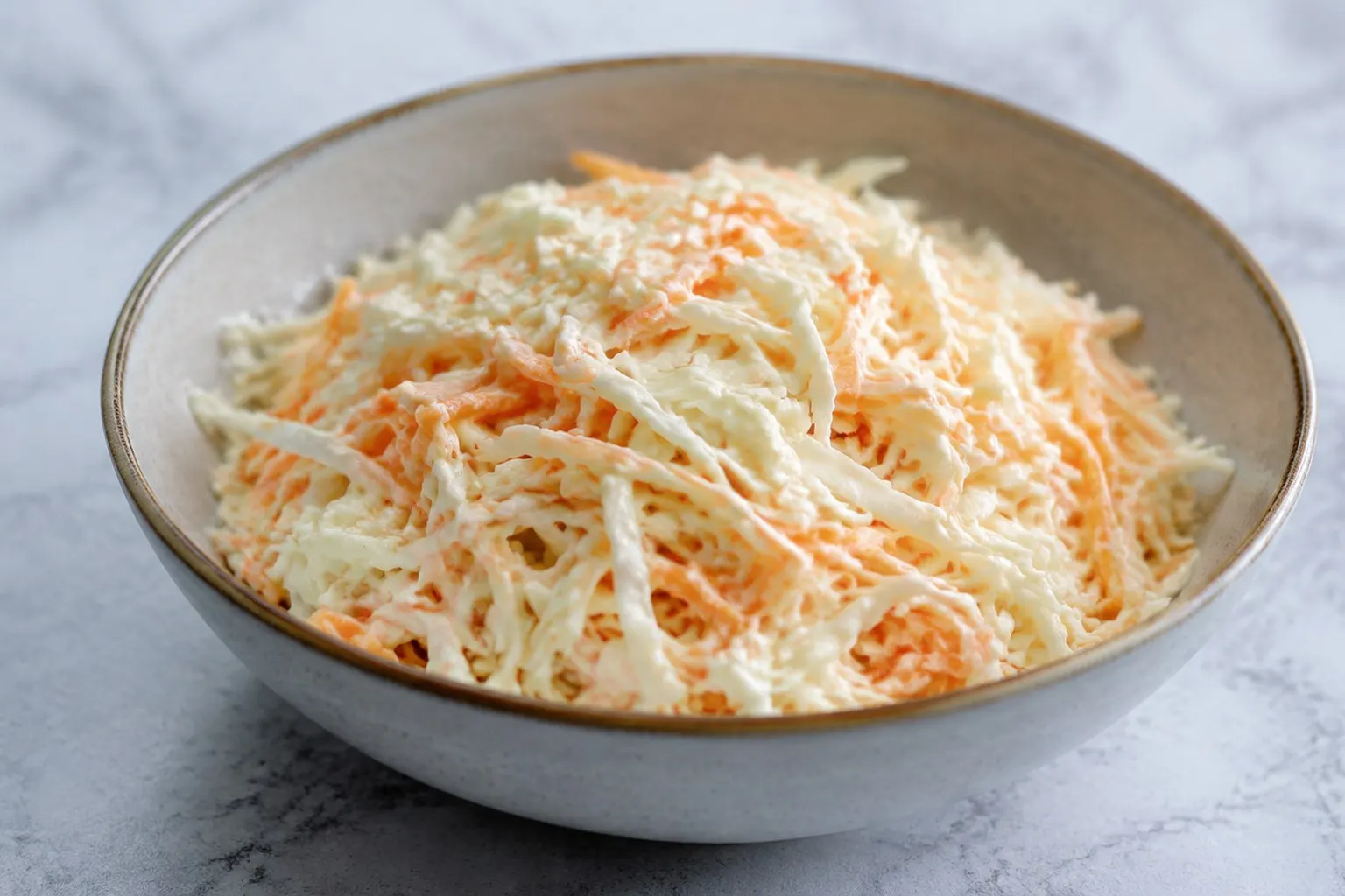 Frisk, cremet coleslaw med hvidkål, gulerod og forårsløg i en skål