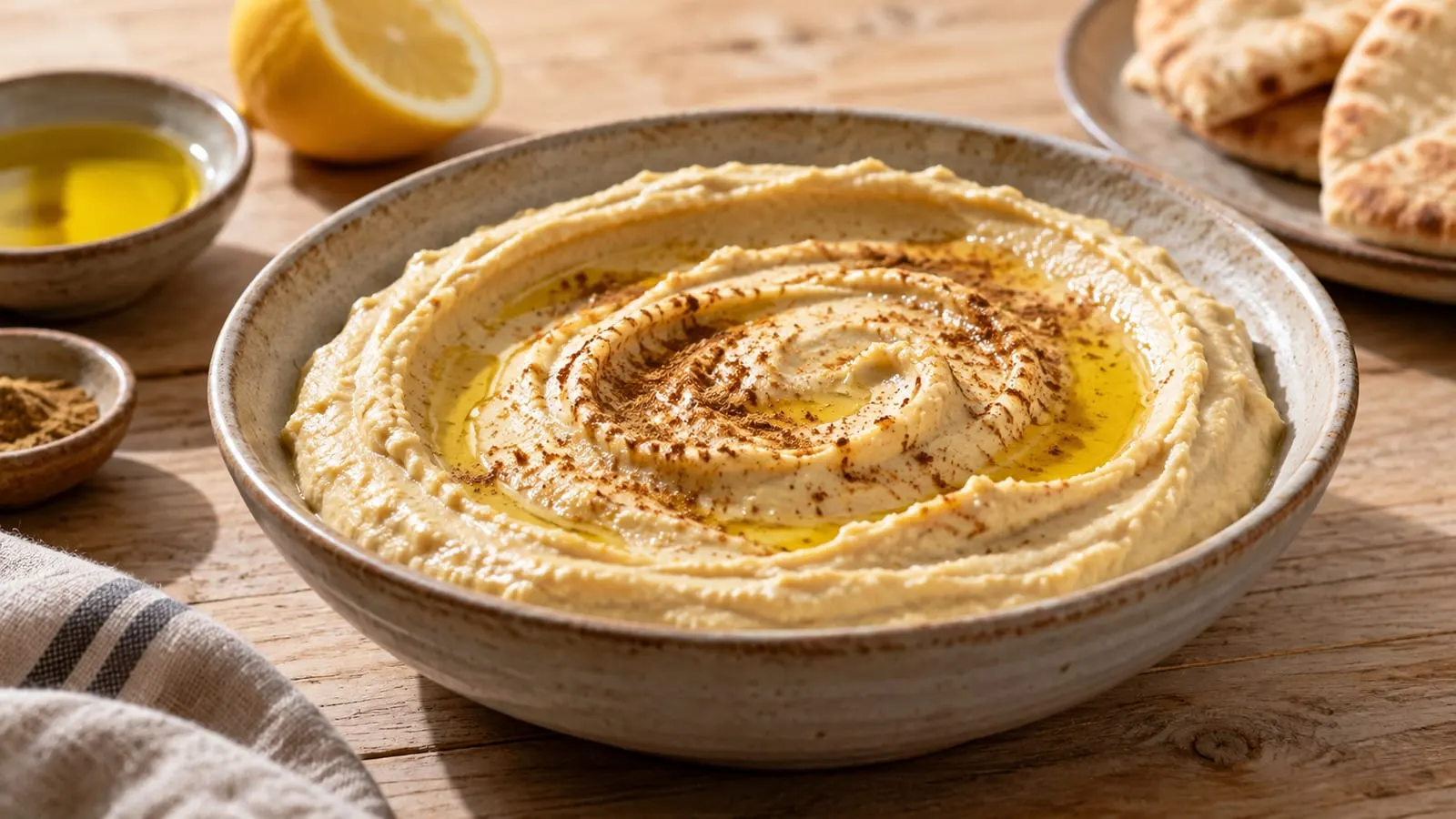 Skål med cremet hummus med olivenolie og krydderi på toppen