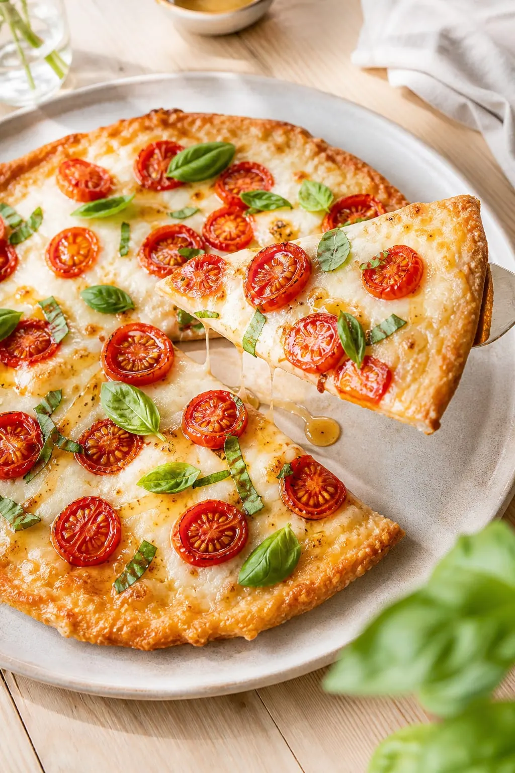 Sprød hytteostpizza med mozzarella og hot honey