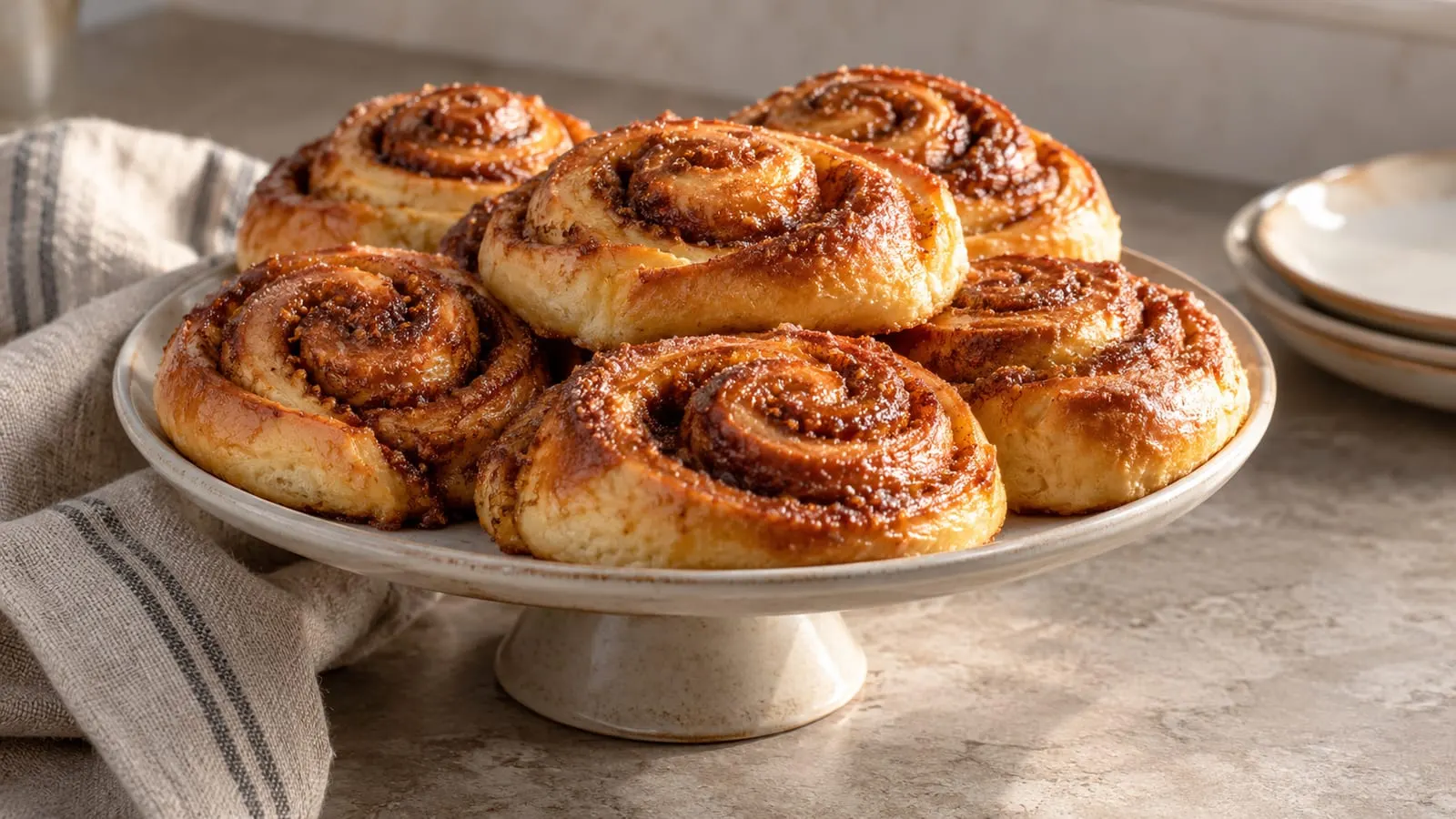 Gyldne kanelsnegle på et kagefad
