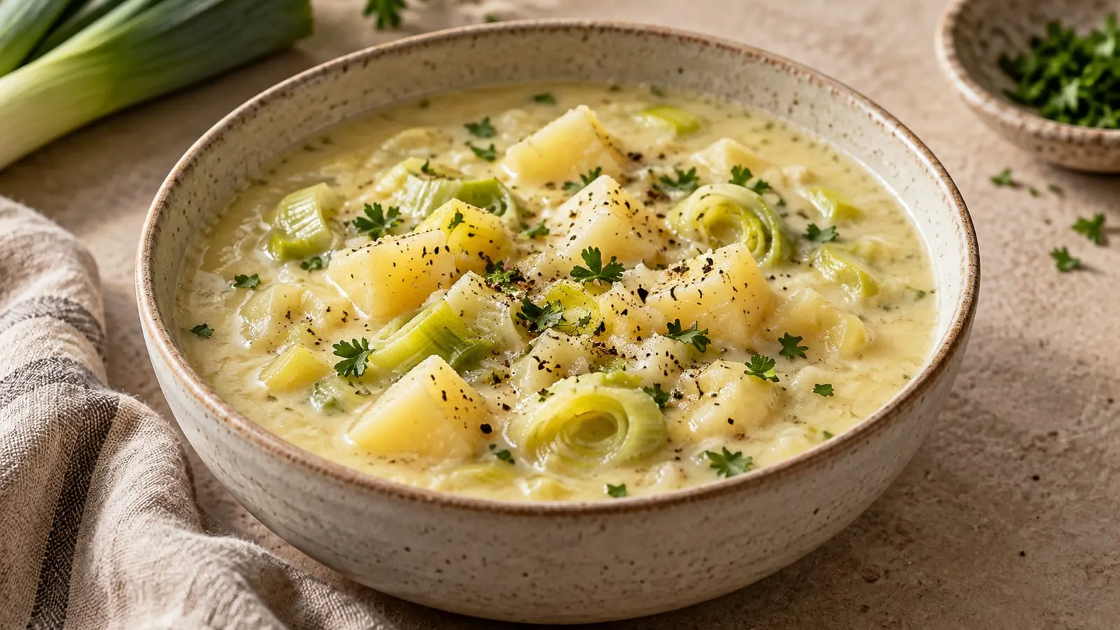 Skål med cremet kartoffel-porresuppe med porrer og persille