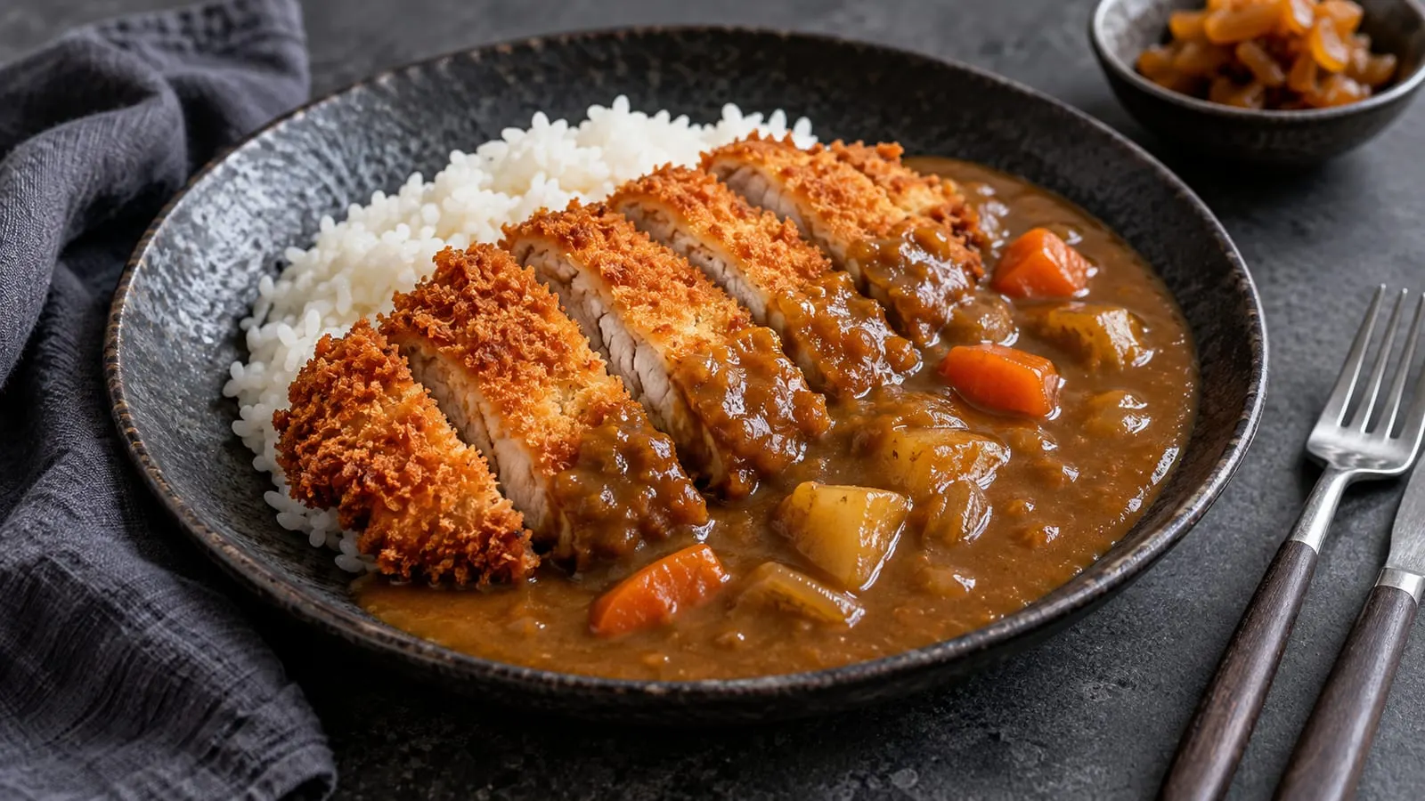 Tallerken med skåret sprød kyllingekotelet, karrysauce og ris