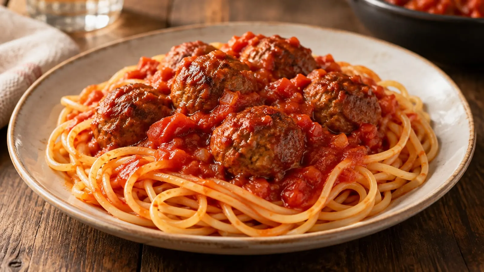 Tallerken med spaghetti og kødboller i tomatsauce