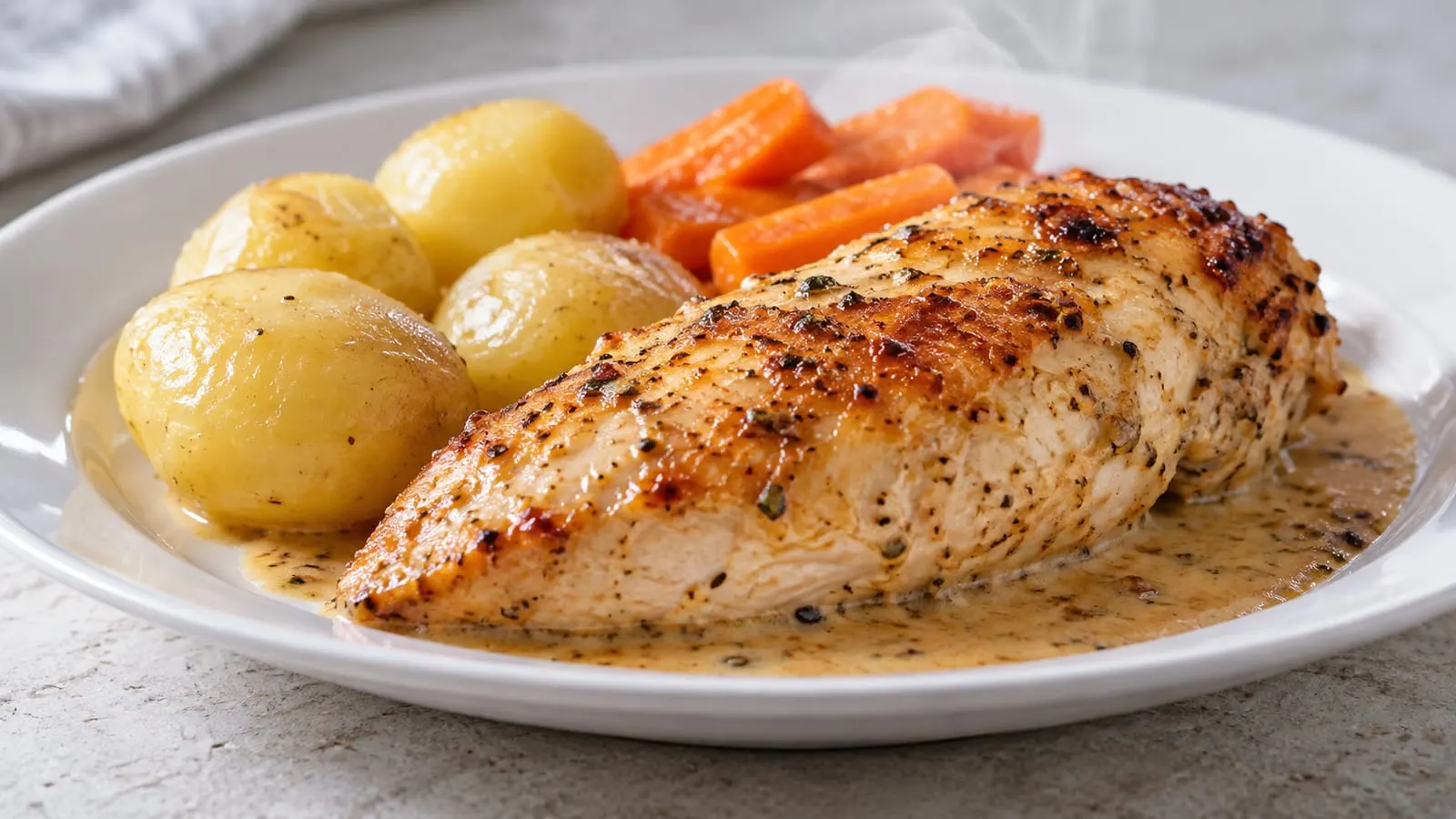 Ovnbagt kyllingebryst med sauce, kogte kartofler og gulerødder