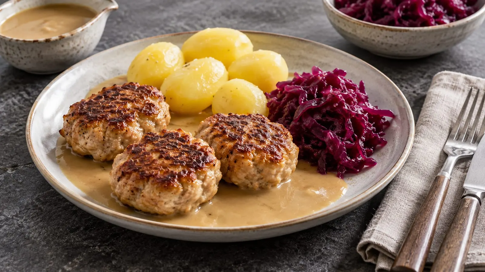 Kyllingefrikadeller med kogte kartofler, sovs og rødkål